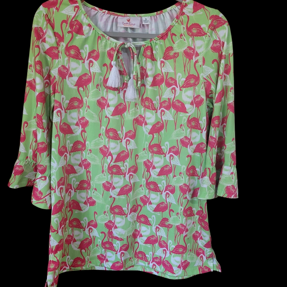 Flamingo Print Women's Top by Quacker Factory - Green and Pink